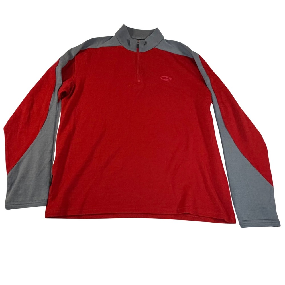 Icebreaker Sport 320 Mens Red Grey Merino Wool Quarter Zip Pullover Sweater M